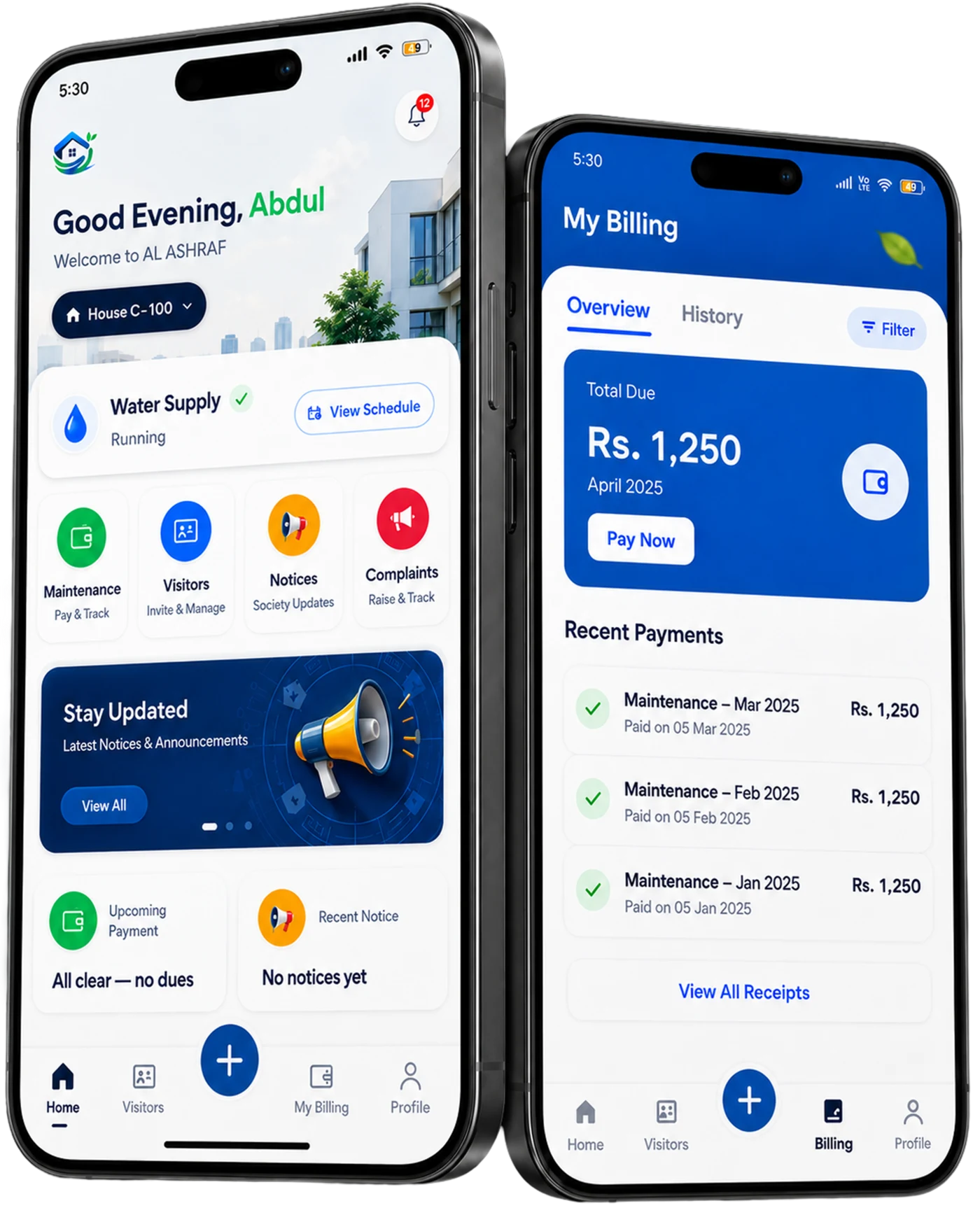 Socio Nest mobile app home dashboard and billing screens